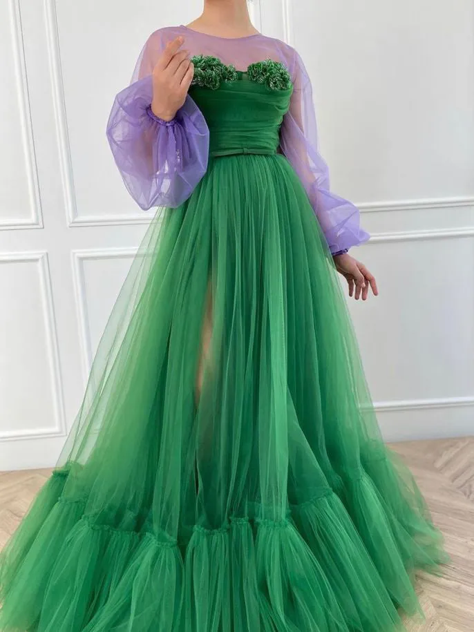 Chic A-line Scoop Long Sleeve Prom Dresses Elegant Tulle Evening Formal Dresses kts063