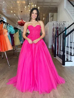 Chic A-line Sweetheart Long Prom Dress Fuchsia Lace Elegant Evening Dress #JKSS622