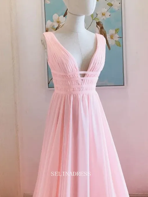 Chic A-line V neck Pink Long Prom Dresses Chiffon Cheap Bridesmaid Dress Evening Dress OSTY045