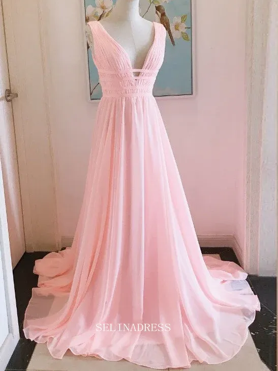 Chic A-line V neck Pink Long Prom Dresses Chiffon Cheap Bridesmaid Dress Evening Dress OSTY045