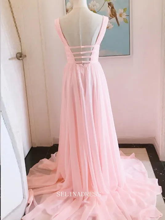 Chic A-line V neck Pink Long Prom Dresses Chiffon Cheap Bridesmaid Dress Evening Dress OSTY045