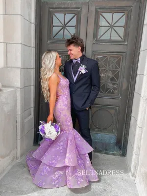 Chic Mermaid V neck  Lace Long Prom Dress Lilac Elegant Evening Dress #kop138