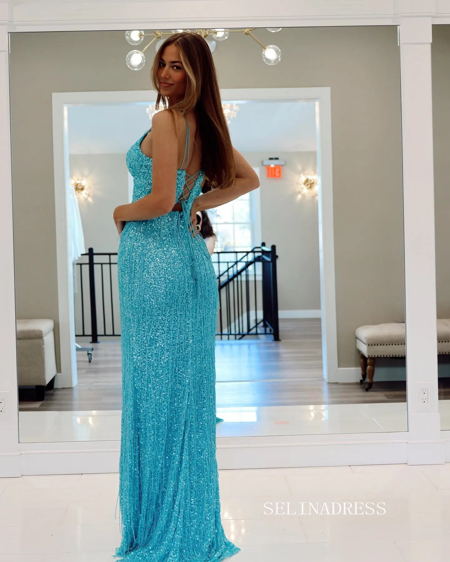 Chic Sheath/Column Spaghetti Straps Elegant Long Prom Dress Thigh Split Formal Dress #LOP802