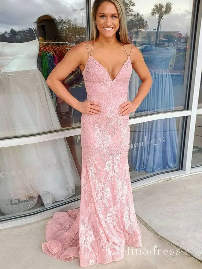 Chic Sheath/Column Spaghetti Straps Lace Prom Dresses Pink Evening Gowns MSL002