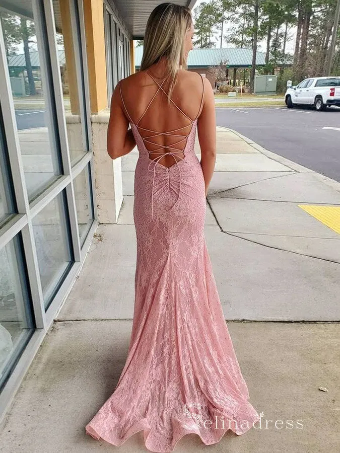 Chic Sheath/Column Spaghetti Straps Lace Prom Dresses Pink Evening Gowns MSL002