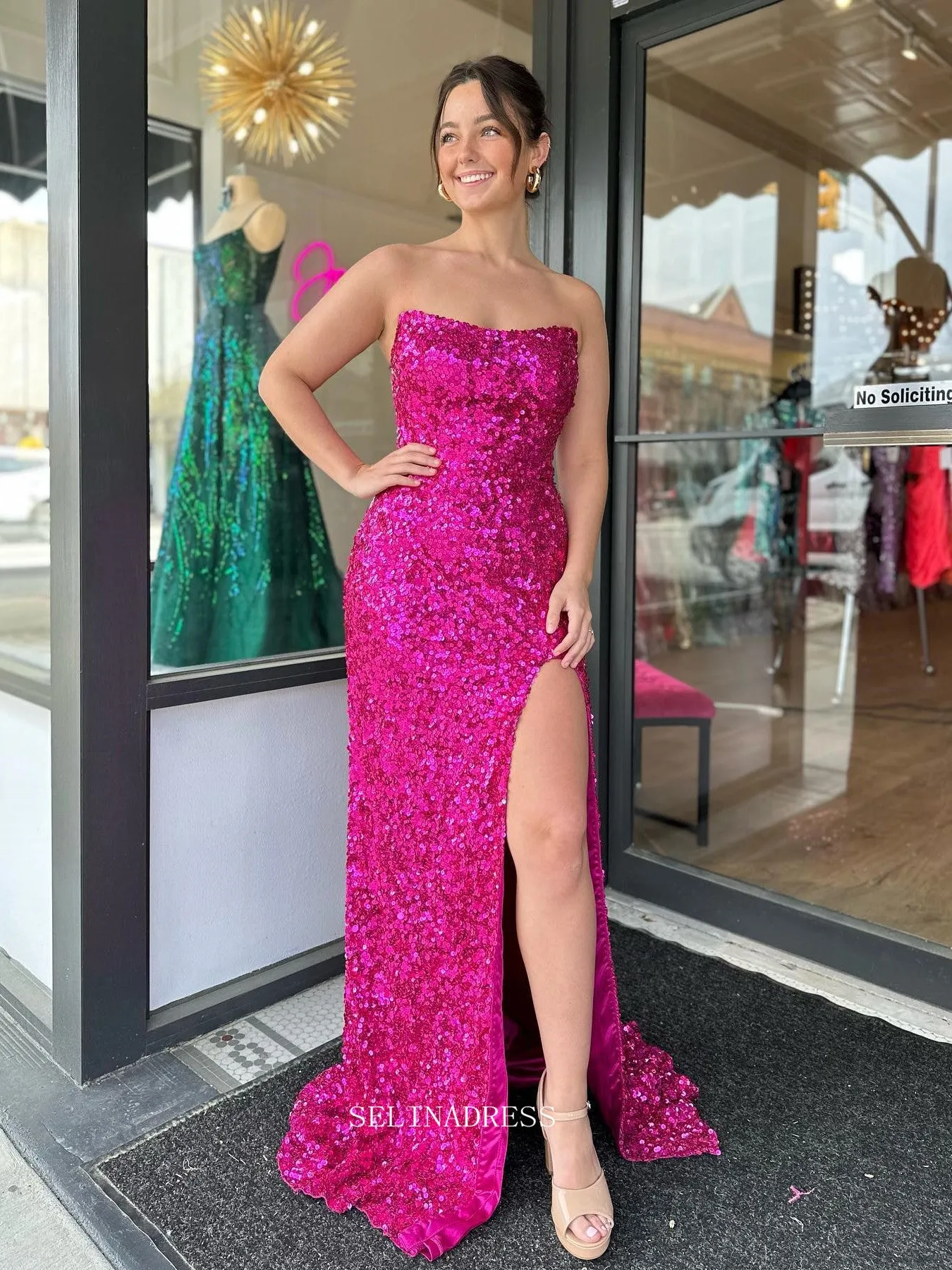 Chic Sheath/Column Strapless Sequins Long Prom Dress Fuchsia Elegant Evening Dress #lop246