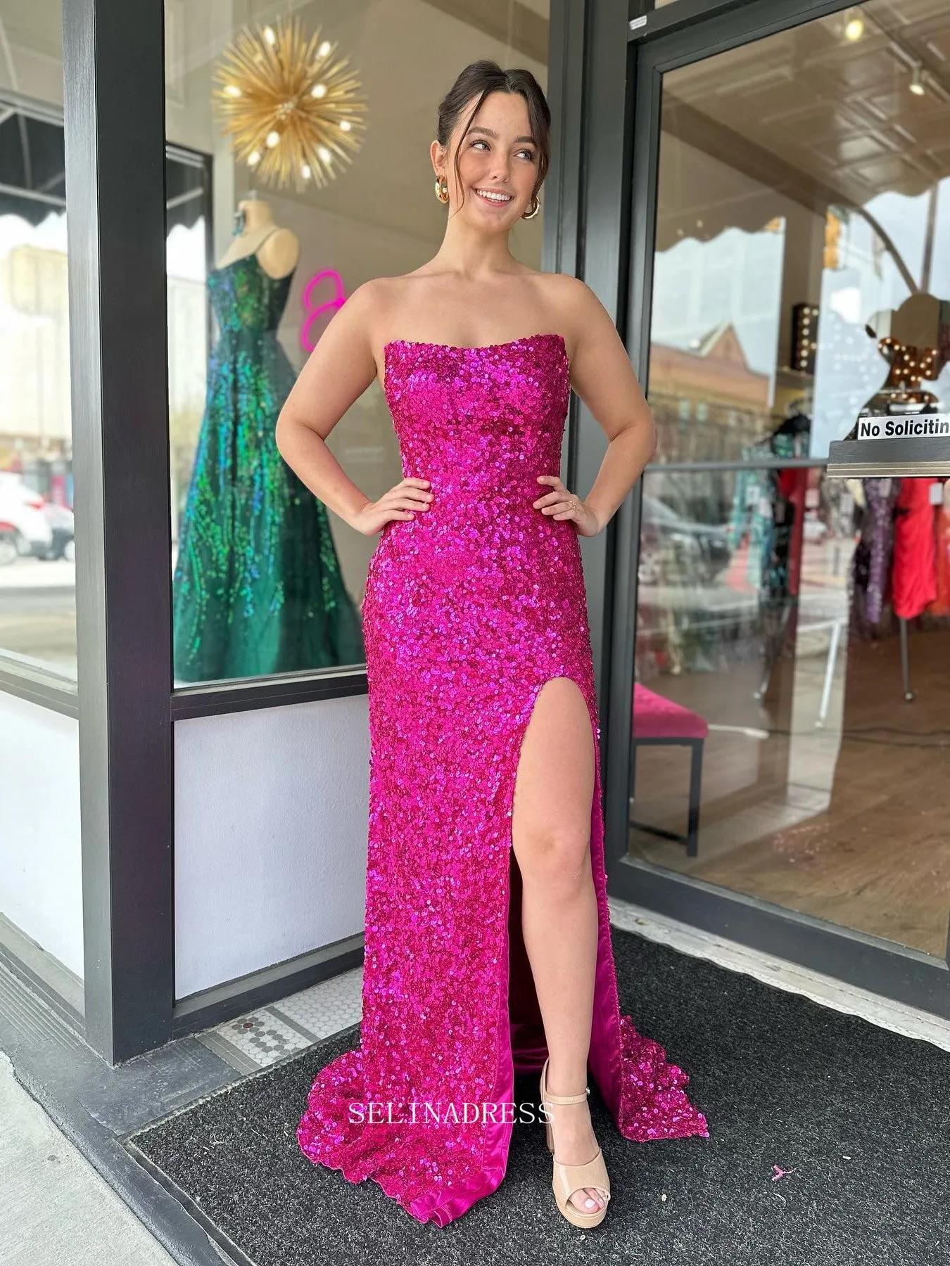 Chic Sheath/Column Strapless Sequins Long Prom Dress Fuchsia Elegant Evening Dress #lop246