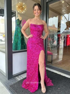 Chic Sheath/Column Strapless Sequins Long Prom Dress Fuchsia Elegant Evening Dress #lop246