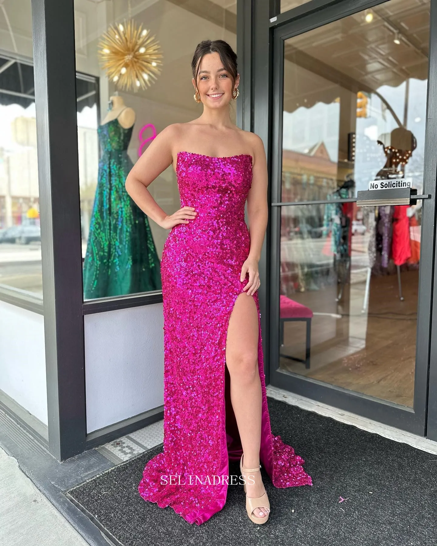 Chic Sheath/Column Strapless Sequins Long Prom Dress Fuchsia Elegant Evening Dress #lop246