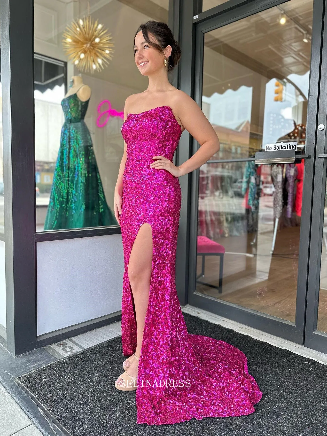 Chic Sheath/Column Strapless Sequins Long Prom Dress Fuchsia Elegant Evening Dress #lop246