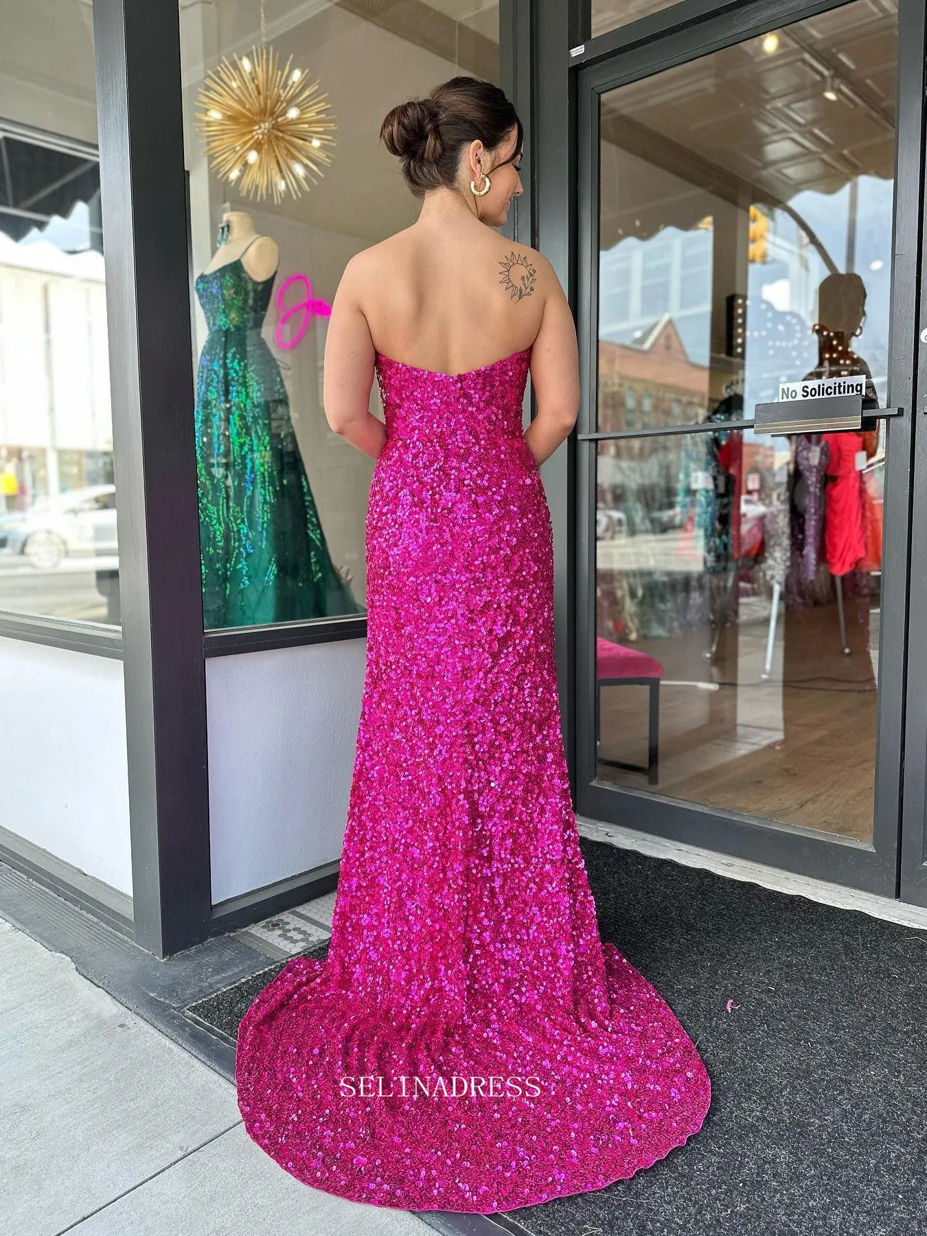 Chic Sheath/Column Strapless Sequins Long Prom Dress Fuchsia Elegant Evening Dress #lop246