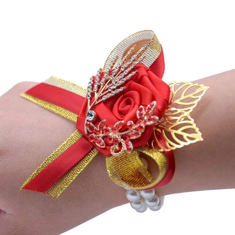 Chinese Wedding Red Grooms Wrist Flower Corsage Gold Leaf