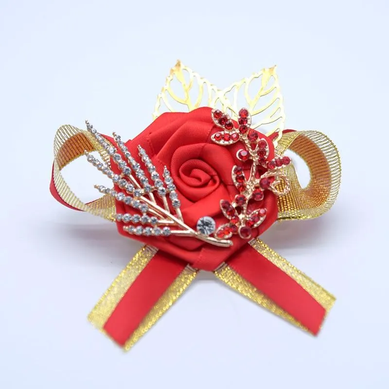 Chinese Wedding Red Grooms Wrist Flower Corsage Gold Leaf