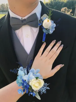 Corsage and Boutonniere Set Blue Hydrangea & Tulip