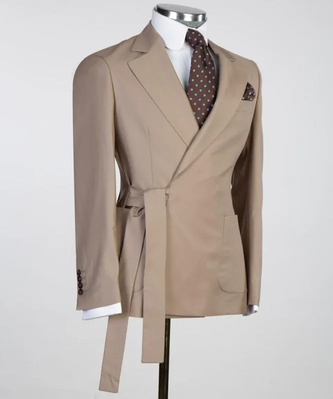 Custom Made Notched Lapel Two Pieces Brown Prom Suits with Belt