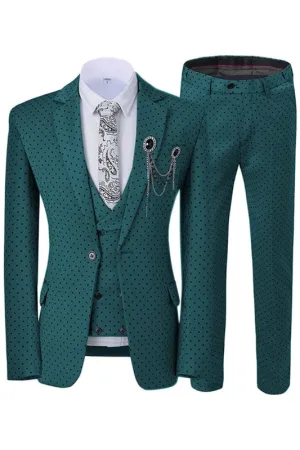 Dark Green Notched Lapel Three Pieces Prom Suits with Black Dot