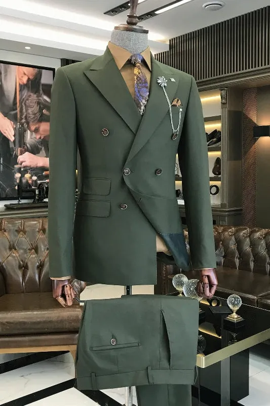 Dark Green Peaked Lapel Double Breasted Prom Suits Two Pieces Groomen Suits