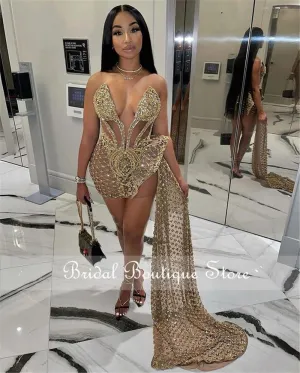 DEANWANGKT New Fashion Sweetheart See Through Gold Sequin Beading Sparkly African Black Girls Short Prom Dresses