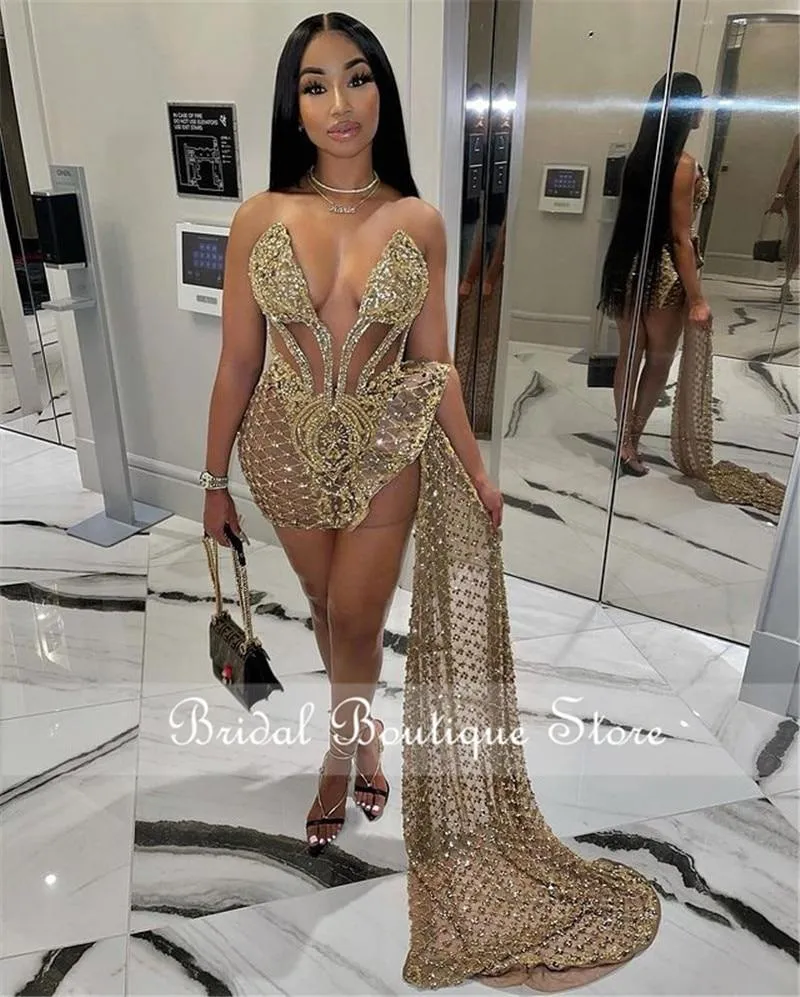 DEANWANGKT New Fashion Sweetheart See Through Gold Sequin Beading Sparkly African Black Girls Short Prom Dresses