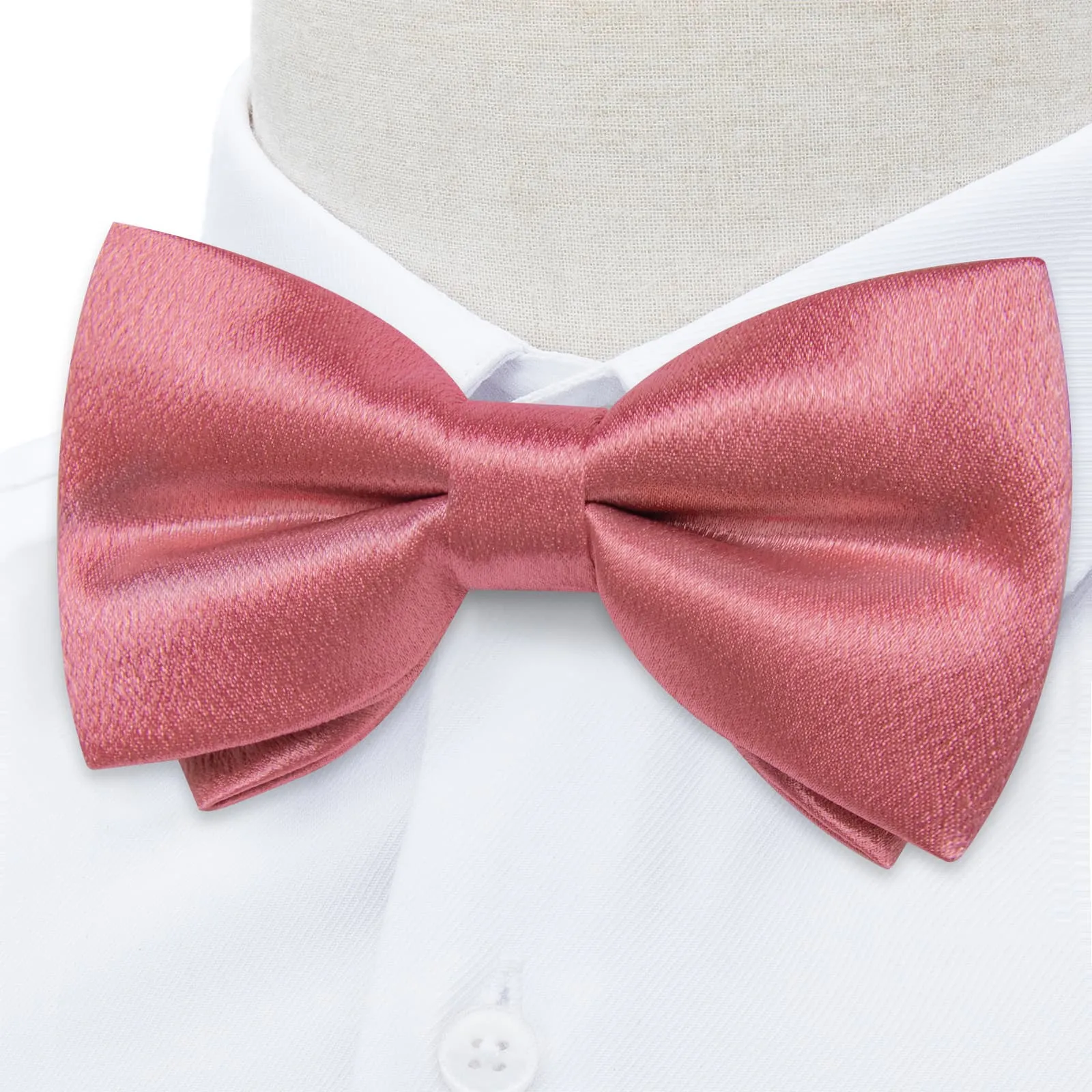 DiBanGu Silk Bow Tie Shining Rose Pink Solid Mens Pre-Tied Bowtie Handkerchief Cufflinks Set