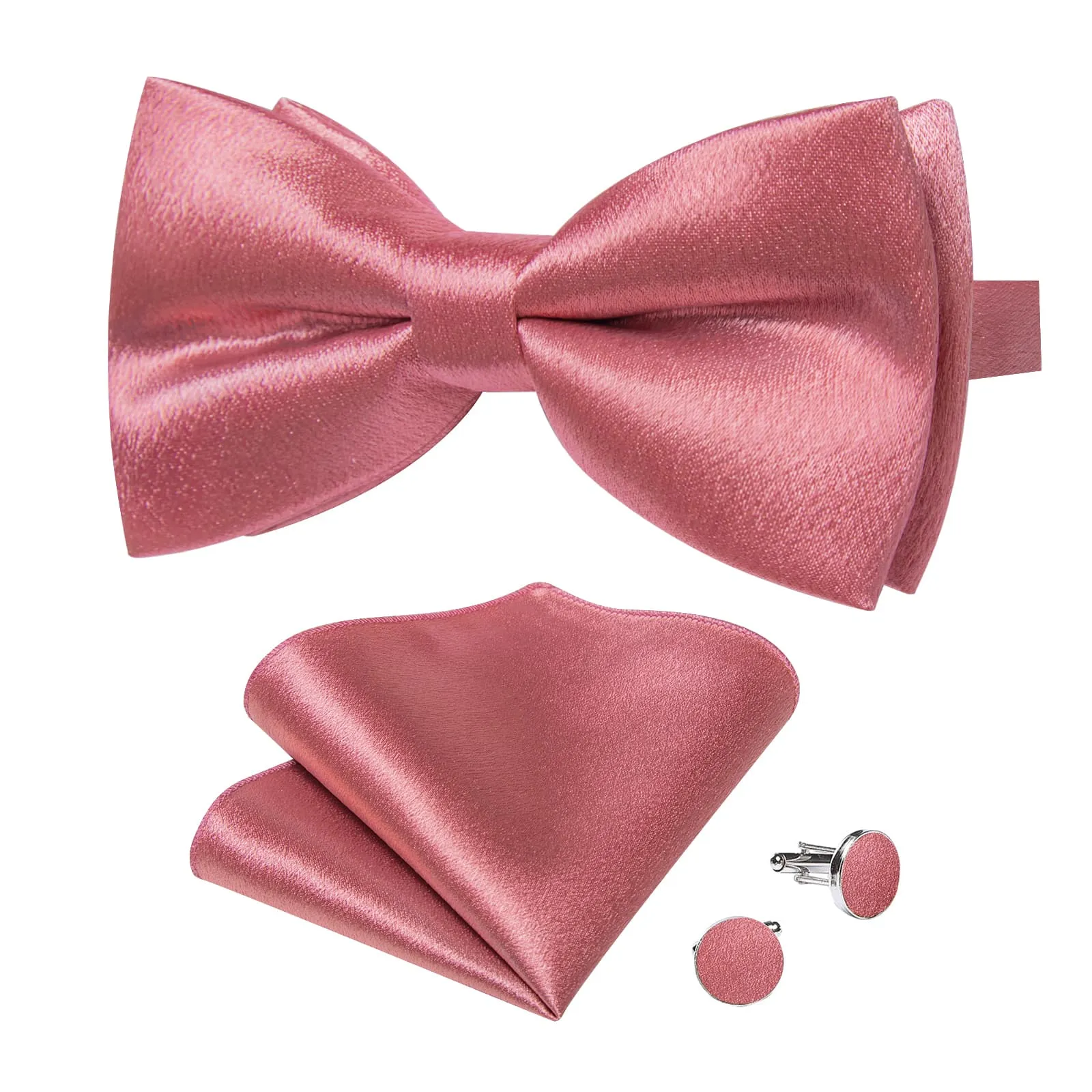 DiBanGu Silk Bow Tie Shining Rose Pink Solid Mens Pre-Tied Bowtie Handkerchief Cufflinks Set