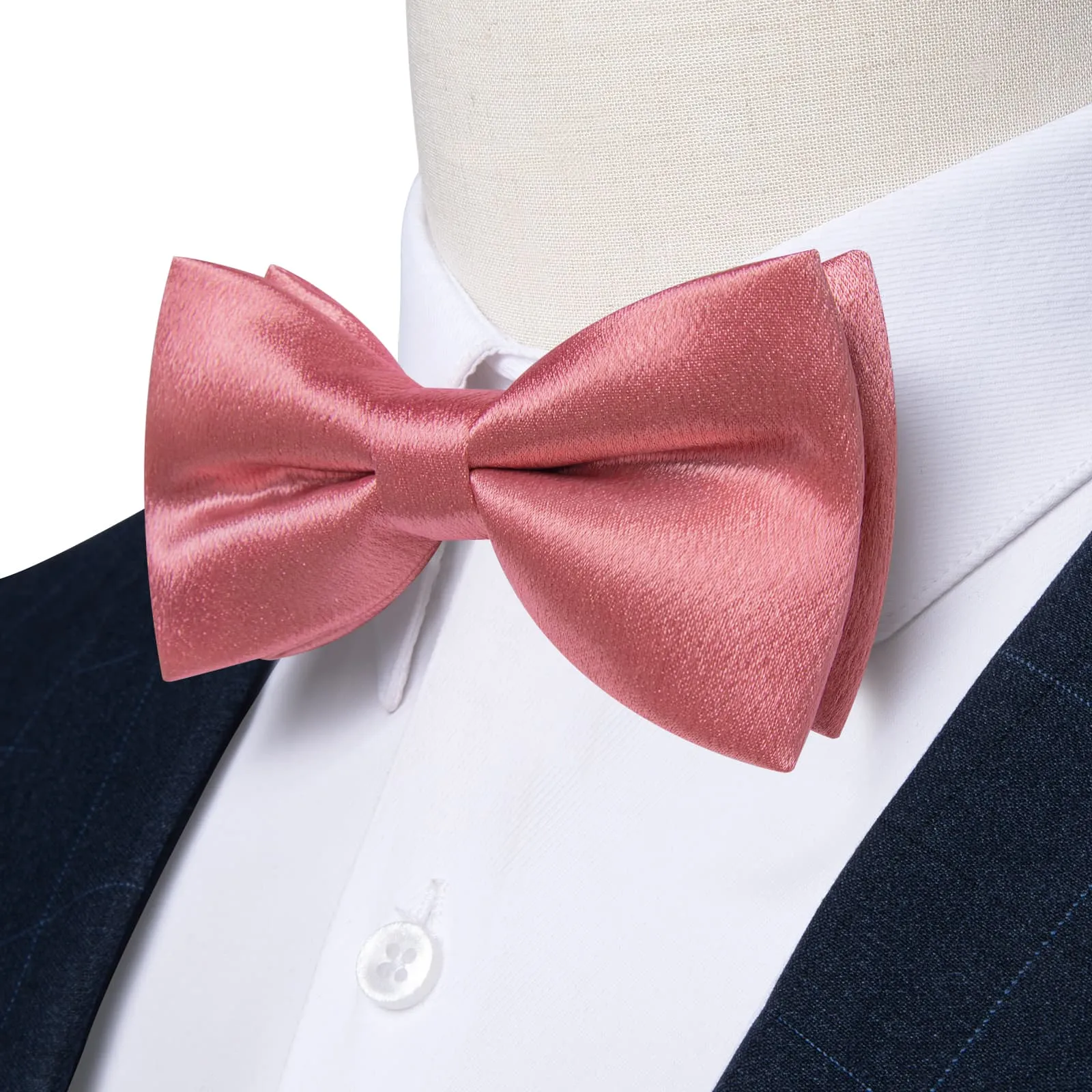 DiBanGu Silk Bow Tie Shining Rose Pink Solid Mens Pre-Tied Bowtie Handkerchief Cufflinks Set