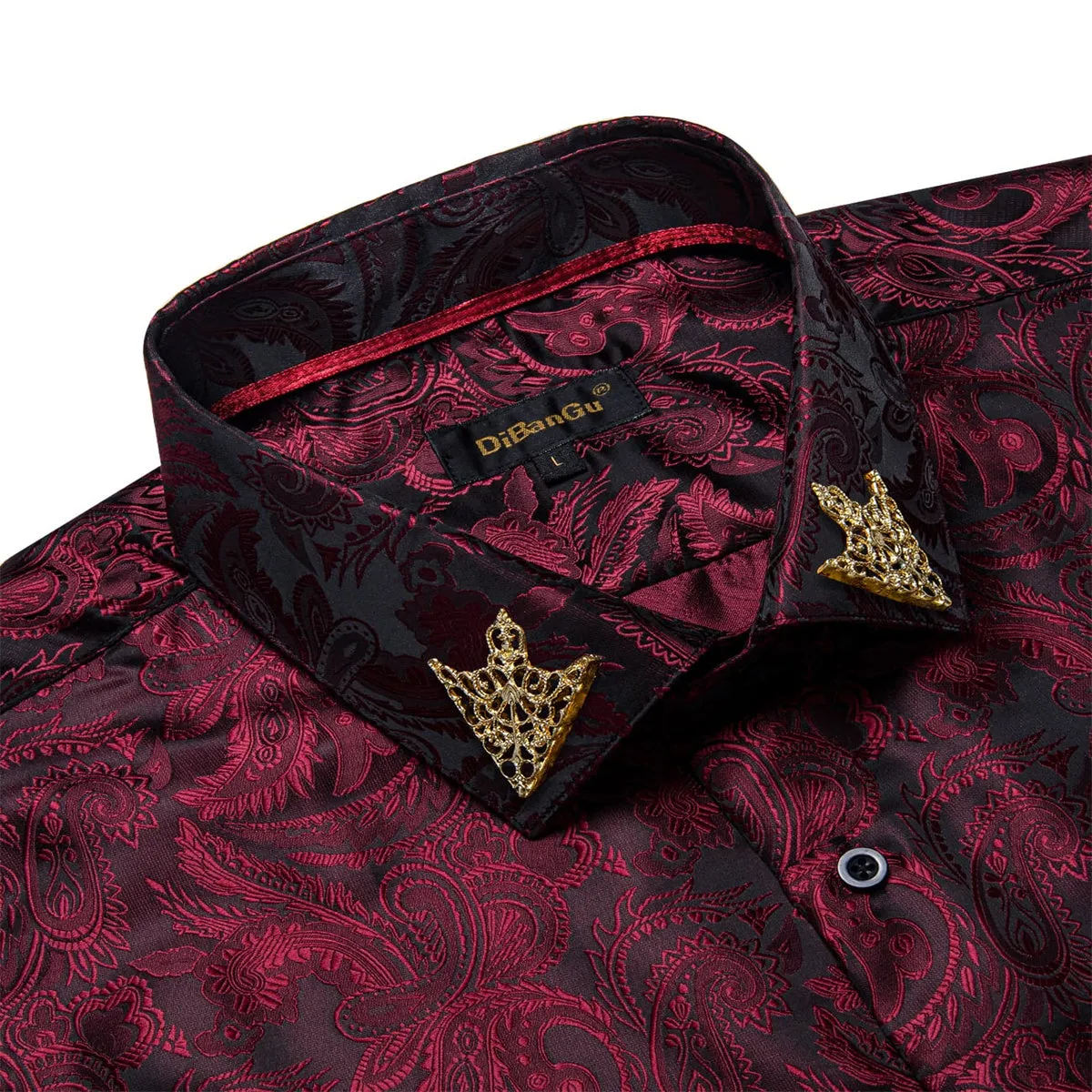 DiBanGu Tuxedo Shirt Maroon Red Paisley Silk Button Down Men's Long Sleeve Dress Shirt