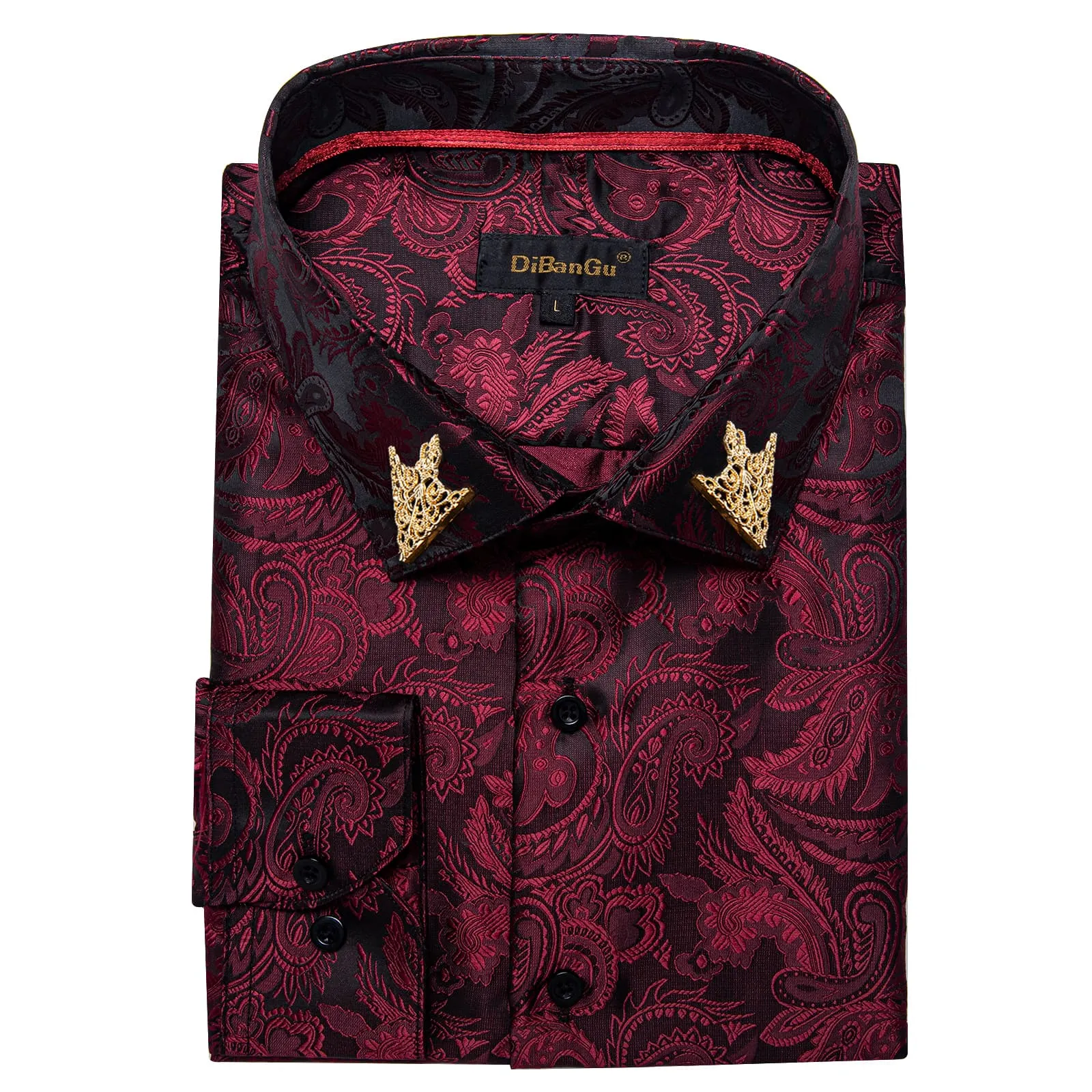 DiBanGu Tuxedo Shirt Maroon Red Paisley Silk Button Down Men's Long Sleeve Dress Shirt