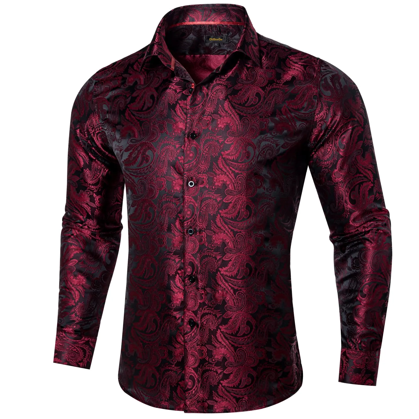 DiBanGu Tuxedo Shirt Maroon Red Paisley Silk Button Down Men's Long Sleeve Dress Shirt