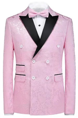 Double Breasted Pink Jacquard Three Pieces Prom Suits with Peaked Lapel