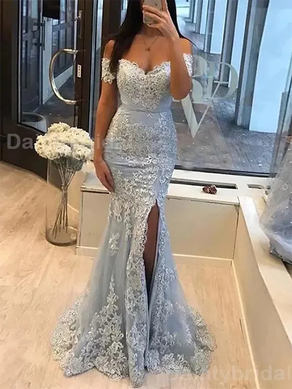 Elegant Off Shoulder Mermaid Side Slit Applique Long Evening Prom Dress Online, OL051