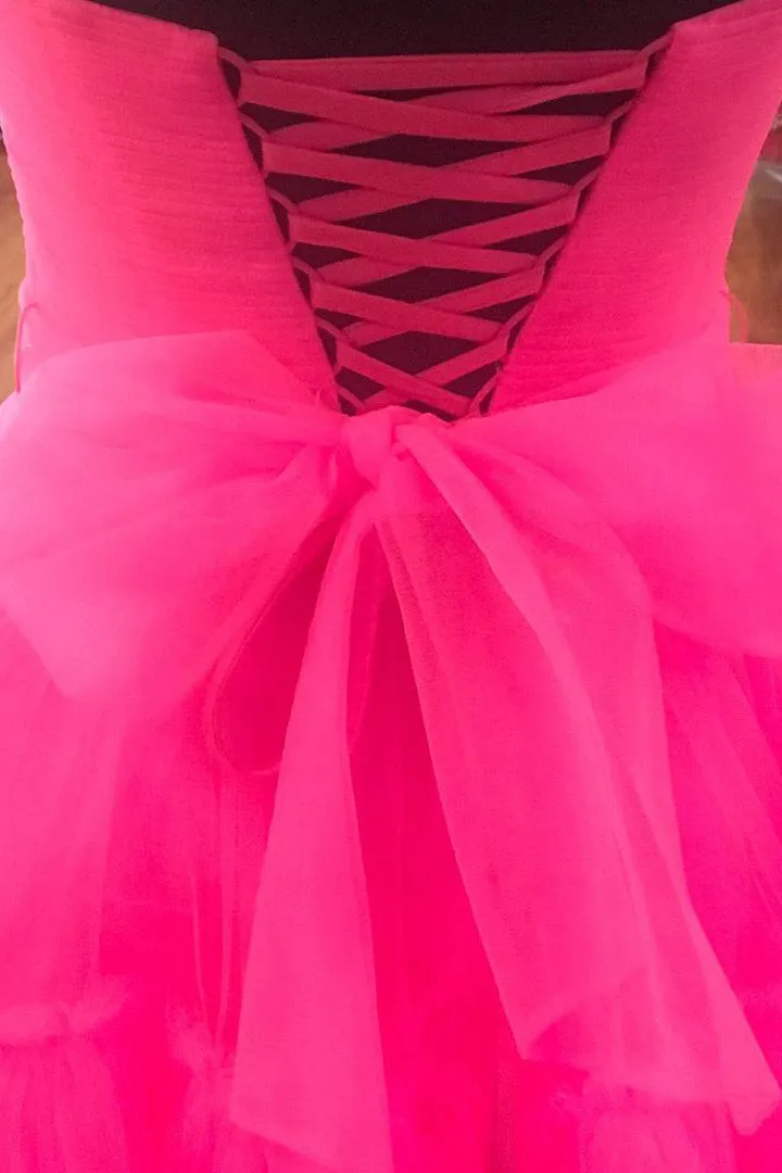 Elegant Strapless Layered Hot Pink Long Prom Dress with Slit Formal Gown