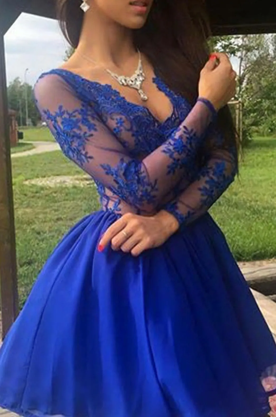 Fashion A Line V Neck Long Sleeves Royal Blue Short With Lace Hd017 Prom Dresses