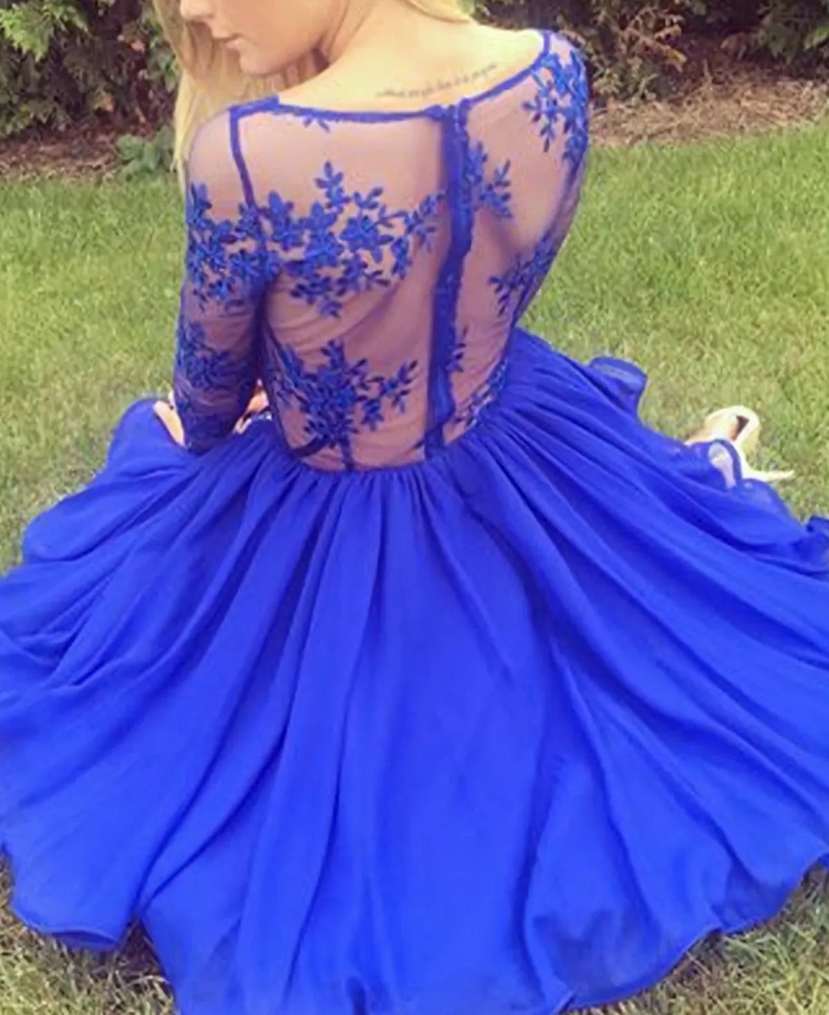 Fashion A Line V Neck Long Sleeves Royal Blue Short With Lace Hd017 Prom Dresses