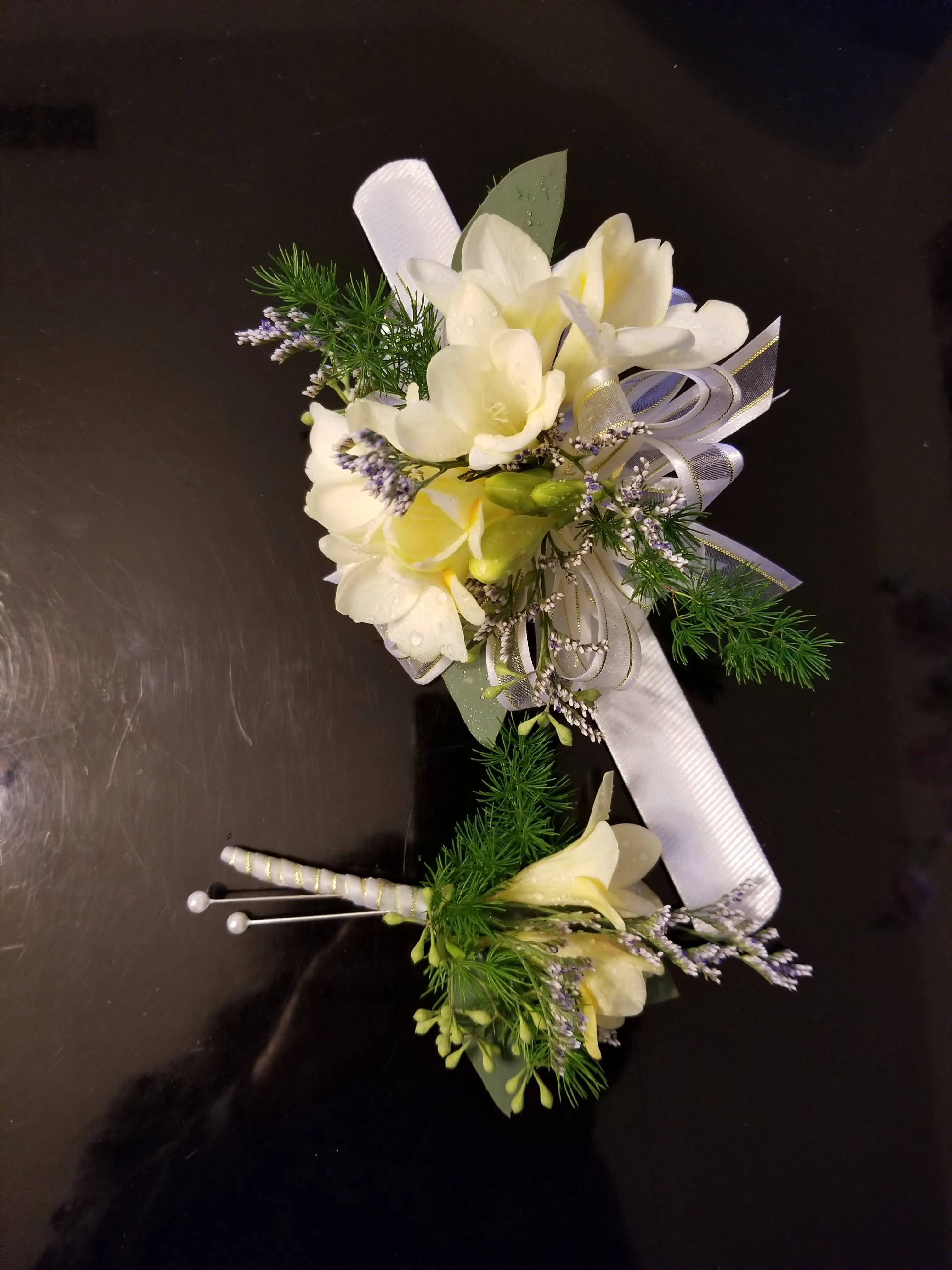 Freesia Flowers Wrist Corsage and Boutonniere