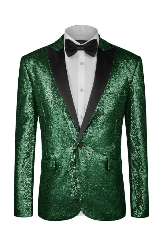 Glitter Peaked Lapel Dark Green Sequins Prom Suits