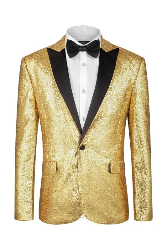 Glitter Peaked Lapel Two Piece Prom Suits Gold Sequins One Button Wedding Groom Suits