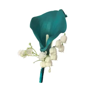 Groom Corsage Teal Calla Lily Boutineer Lily of the Valley