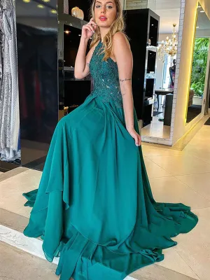 Halter Neck Open Back Green Lace Long Prom Dresses, Green Chiffon Lace Formal Graduation Evening Dresses