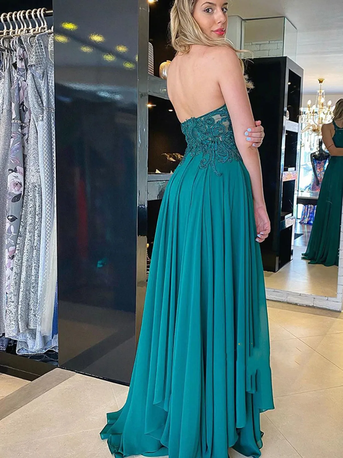 Halter Neck Open Back Green Lace Long Prom Dresses, Green Chiffon Lace Formal Graduation Evening Dresses