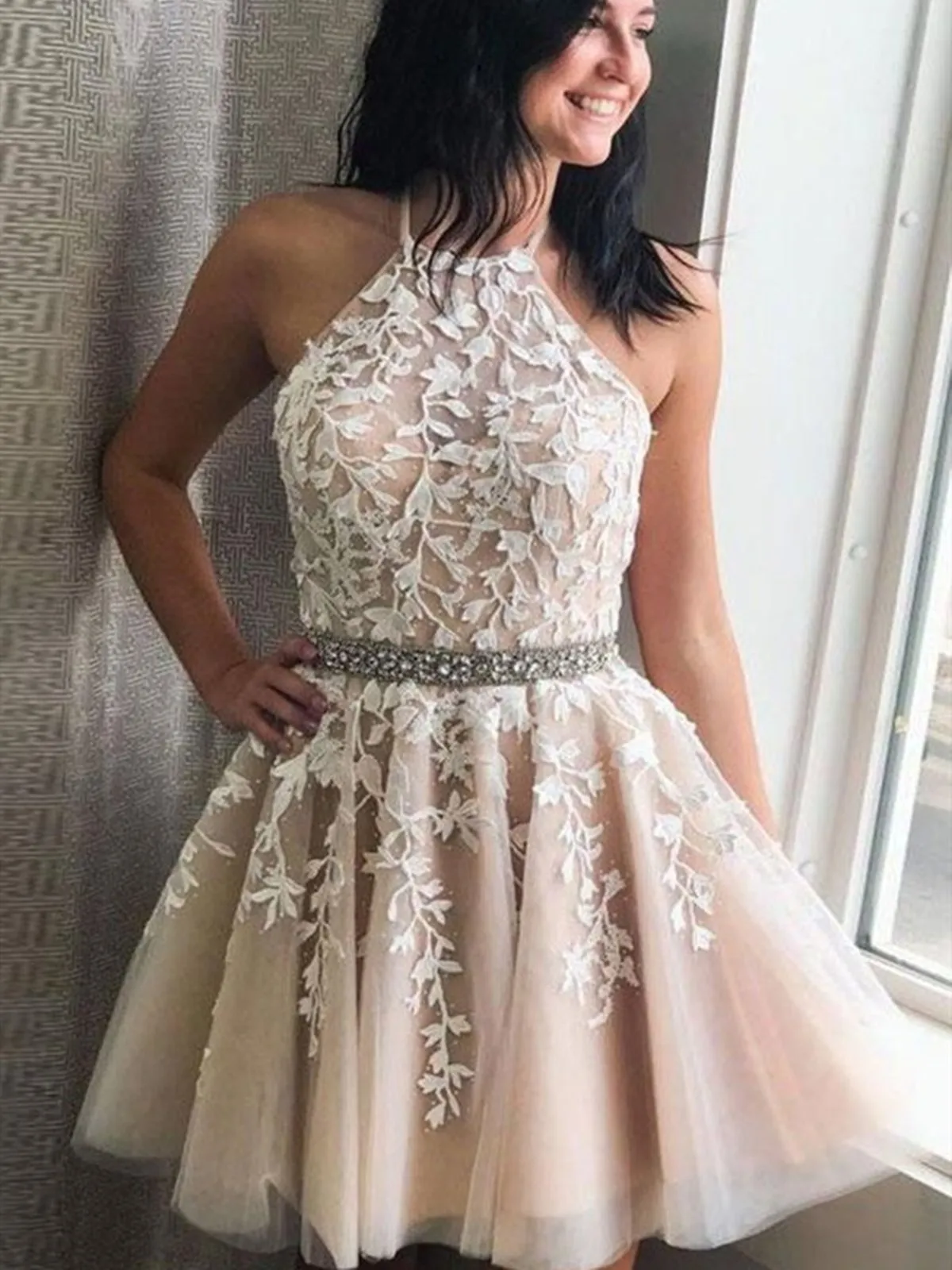 Halter Neck Short Champagne Lace Prom Dresses, Short Champagne Lace Formal Homecoming Dresses