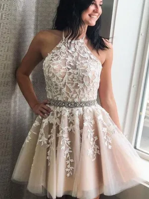 Halter Neck Short Champagne Lace Prom Dresses, Short Champagne Lace Formal Homecoming Dresses