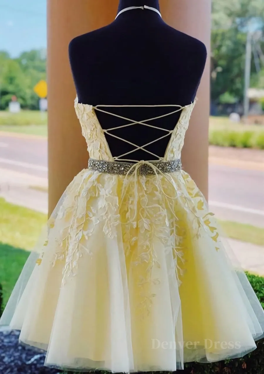 Halter Neck Short Yellow Lace Prom Dressses Backless Short Yellow Lace Formal Homecoming Dresses