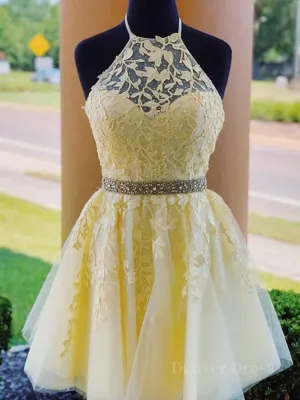 Halter Neck Short Yellow Lace Prom Dressses Backless Short Yellow Lace Formal Homecoming Dresses