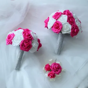 Hot Pink White Rose Wedding Bouquet Set