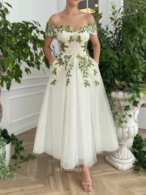 Ivy Leaf Floral Wedding Dress Tea Length Off The Shoulder Prom Dresses Princess Evening Gowns POL016