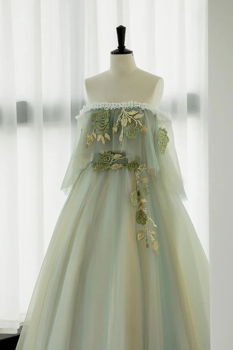 Light Green Prom Dress Strapless A-line Tulle Prom Dresses Unique Evening Dresses