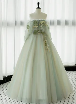 Light Green Prom Dress Strapless A-line Tulle Prom Dresses Unique Evening Dresses