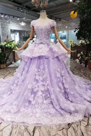 Lilac Ball Gown Short Sleeve Prom Dresses with Long Train Gorgeous Quinceanera Dress