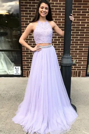 Lilac Halter Two Pieces Beaded Prom Dresses, Evening Dress With Appliques